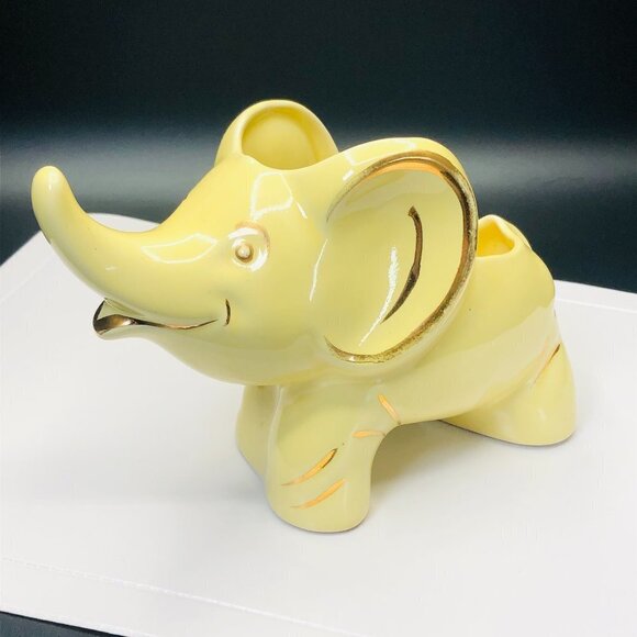 60s Kitsch Yellow Trunk Up Baby Elephant Ceramic Planter by PEARL China Co. - Picture 2 of 10